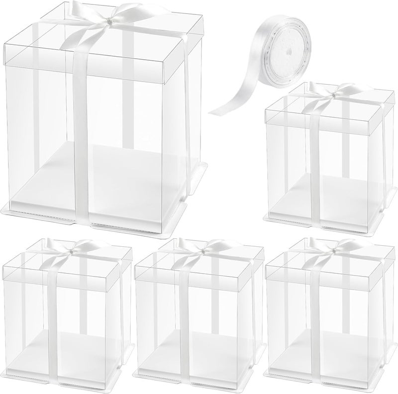 Ocmoiy 8x8x9Inch Clear Cake Box, 5 Pcs Cake Boxes with Ribbon Suitable for Packaging 6 Inch Cake, Disposable Cake Holder Carrier for Wedding, Birthday, Party - Image 1
